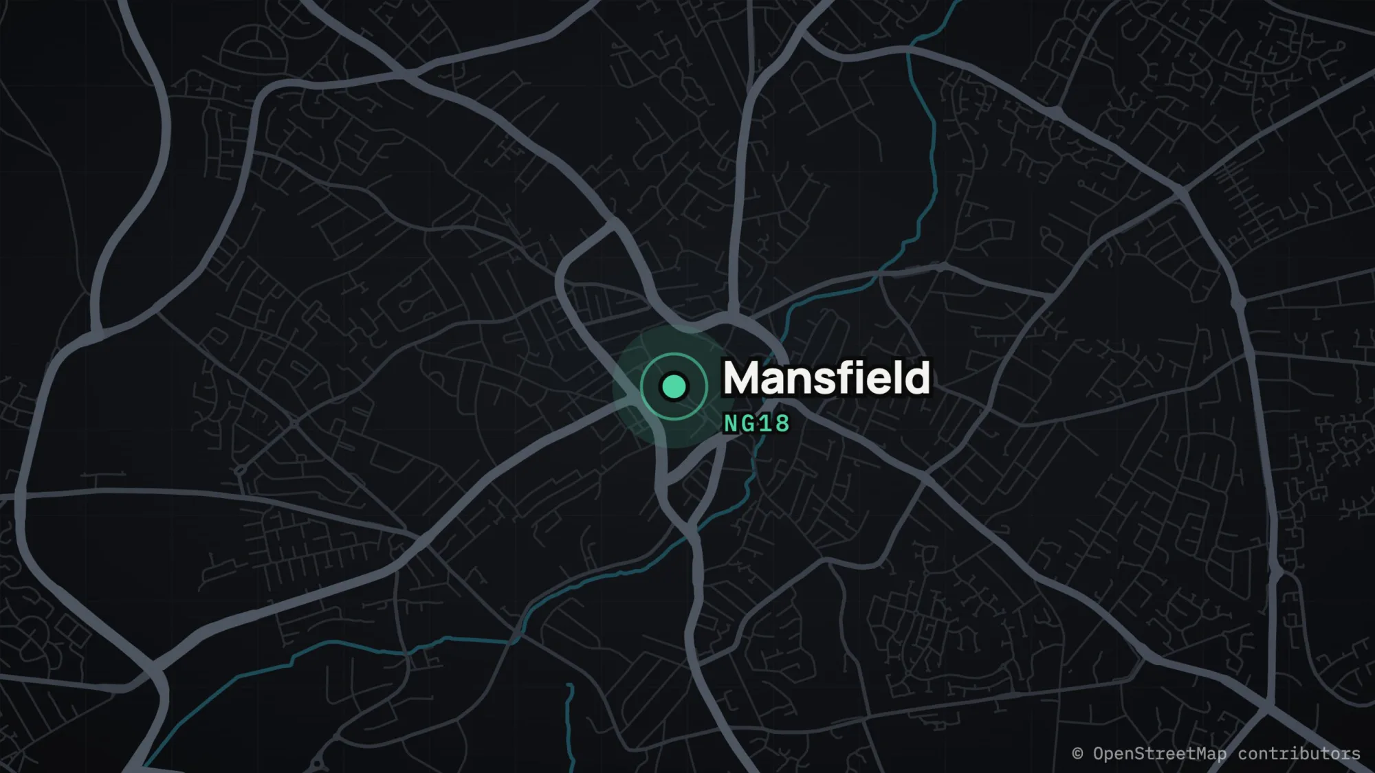 Map of central Mansfield, NG18, with the town centre marked