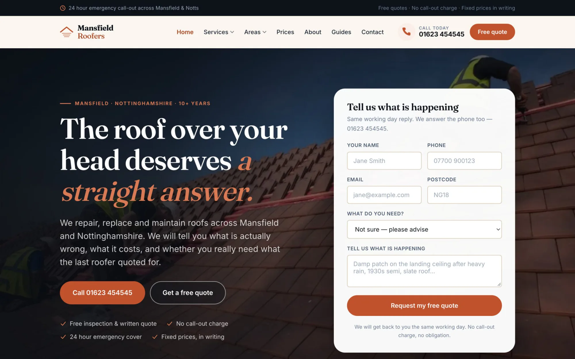 Mansfield Roofers website homepage, designed and built by Simon Says Web Design