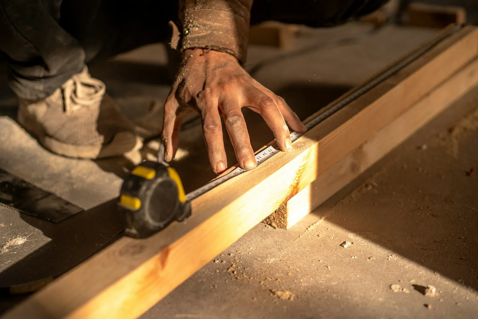 Hands measuring and marking a length of timber at a workbench