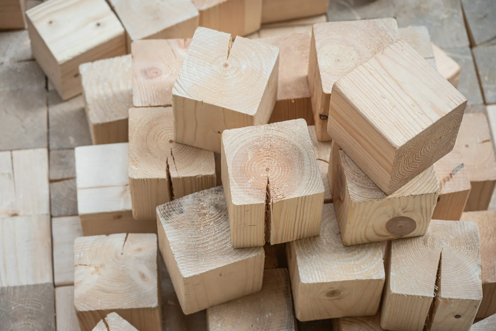 Pile of natural wooden building blocks
