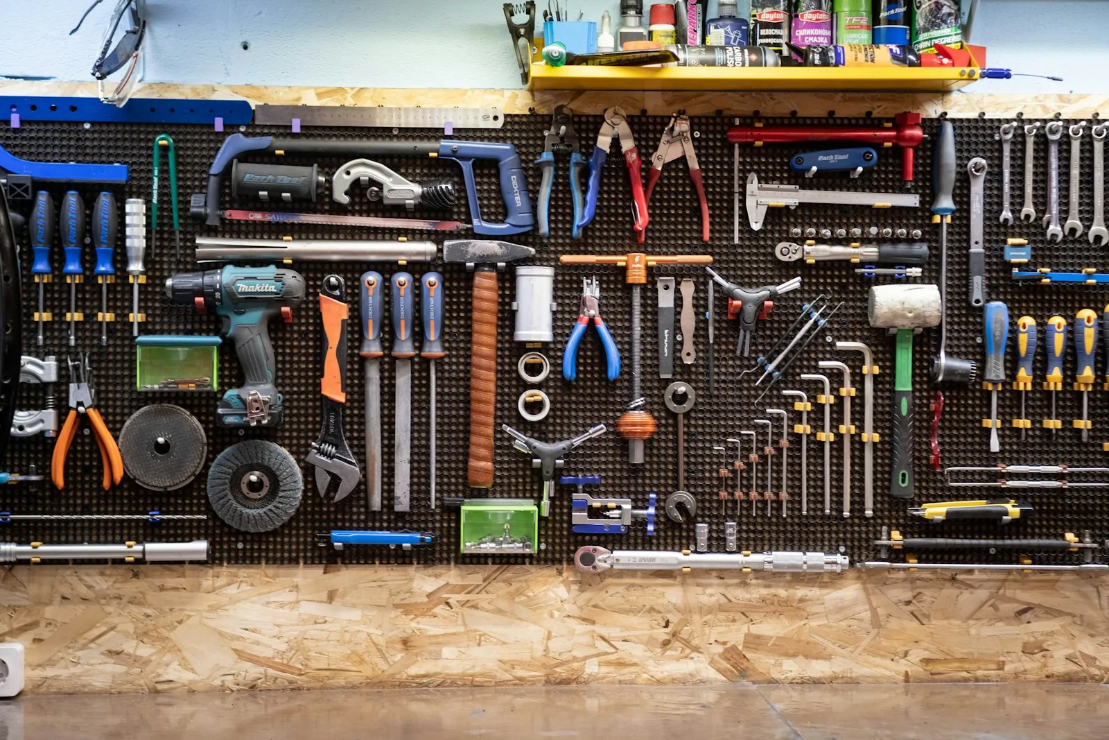 Workshop wall of neatly organised tools