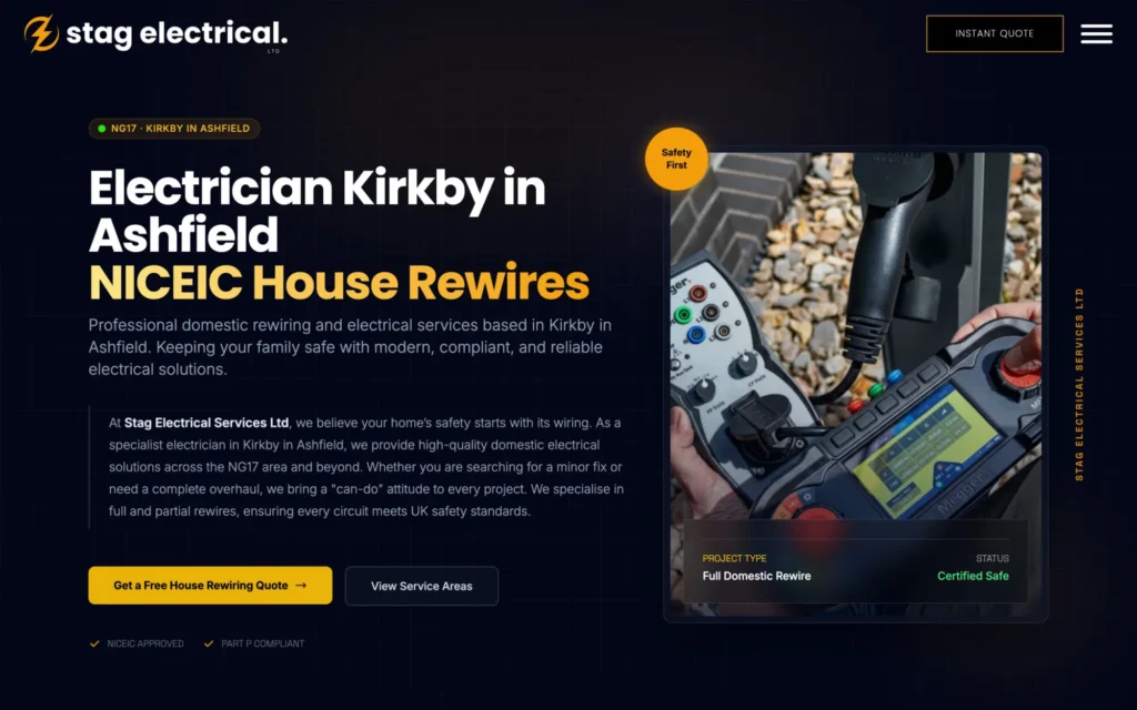 Stag Electrical homepage: electrician in Kirkby-in-Ashfield offering NICEIC house rewires